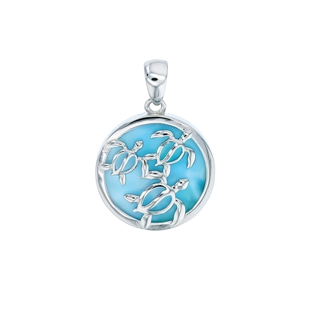 925 Sterling  Silver Larimar Turtle Family in Circle Pendant  4 gm